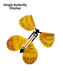 Detailed close-up of a wind-up flying butterfly toy with orange patterned wings