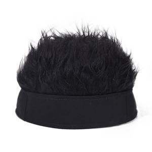 Detailed close-up of a black Docker hat featuring unique synthetic hair wig design