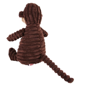 Brown corduroy monkey plush squeaky dog toy with striped texture seen from the back view