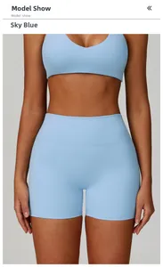 Sky blue high-waist yoga shorts with supportive wide waistband and matte fabric finish