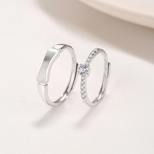 Matching S925 sterling silver couple rings with matte finish and brilliant zircon stone