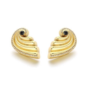 Golden spiral wing earrings with black gemstone and sparkling crystal accents