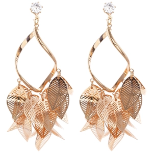 Elegant gold-tone leaf tassel drop earrings with sparkling round zirconia stones