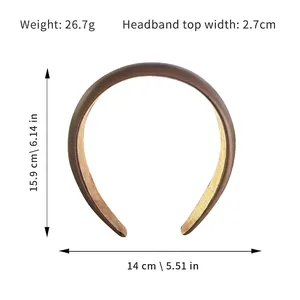 Minimalist matte brown sponge headband for women with size and weight dimensions shown