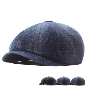 Vintage British Newsboy Cap Washed Denim Cotton Octagonal Hat Adjustable Retro Striped Painter Beret For Men Women