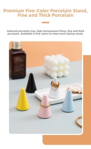Creative ceramic cone ring stands in five colors displayed on a minimalist jewelry tray