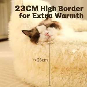 Plush alpaca pet bed for cats with 23cm high rim for warmth and neck protection