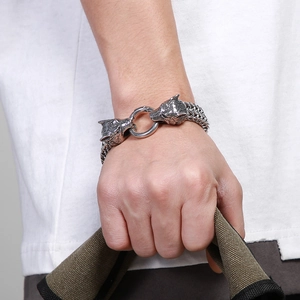 Nordic vintage viking wolf head bracelet in silver stainless steel for men on wrist