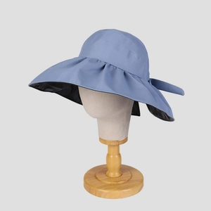 Light blue wide brim sun hat with ponytail hole and black UV coating for women