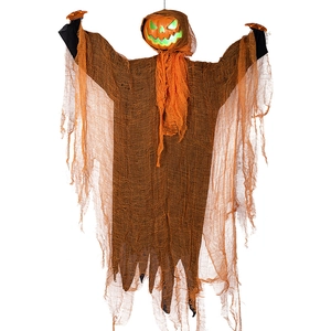 Hanging Halloween decoration with glowing green pumpkin head and orange tattered robe