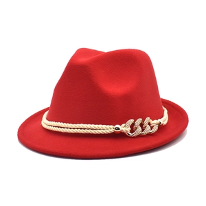 Fedora Hat Wool Felt Vintage Jazz Cap With Double Rope Band Gold Metal Chain Buckle Elegant For Men Women