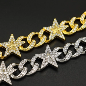 Hip hop cuban link bracelets with sparkling rhinestone stars in gold and silver finish