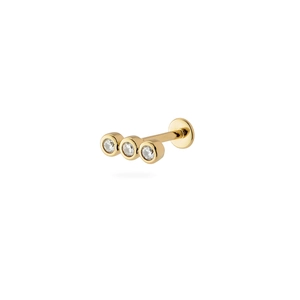 Detail of S925 sterling silver ear stud with three gold-plated zircon stones in flat back style