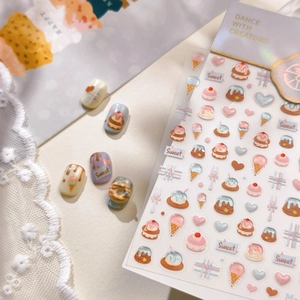 3D Sweet Dessert Nail Art Stickers featuring macarons, ice cream and donuts in pastel colors