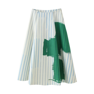 Women's A-line skirt with blue vertical stripes and unique green artistic graffiti print