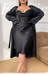 Detail of elegant black satin nightgown set featuring a cowl neck and long robe