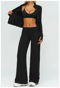 Three-piece black yoga set with sports bra, zip-up cardigan, and high-waisted wide-leg pants