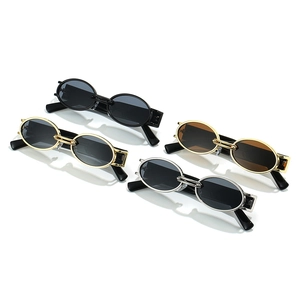 Retro small oval metal sunglasses set in black, gold and silver finishes for women