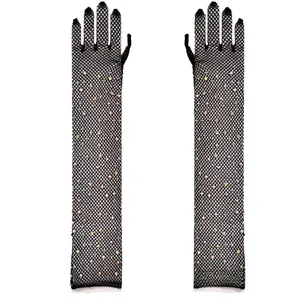Detail of long black fishnet gloves with colorful rhinestones on a white background