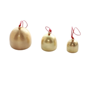 Three golden brass bells in small, medium, and large sizes on a white background