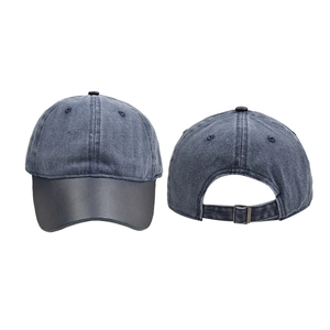 Front and back view of washed baseball cap with black leather brim and adjustable metal buckle