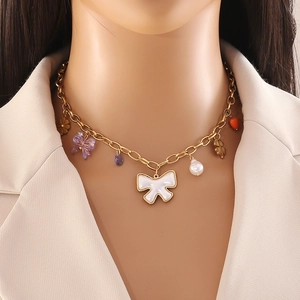 Colorful dopamine boots bow stainless steel necklace with white enamel charms on model
