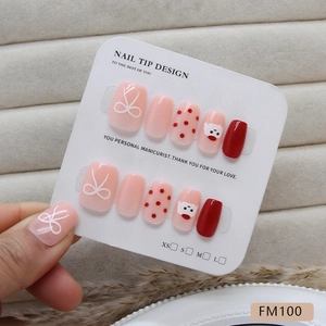 Cute cartoon animal press-on nails with red polka dots and white bows short nail set