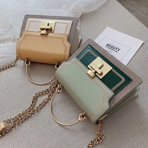 Fashionable contrast stitched mini square bags with chain strap in khaki and green