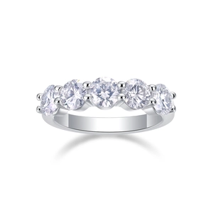 Elegant S925 sterling silver ring with five round brilliant moissanite stones on white background