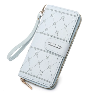 Light blue long PU leather wallet with heart embroidery and wrist strap on white background