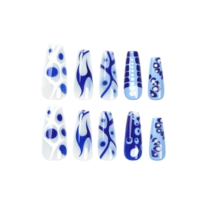 Blue coffin press-on nails featuring marble, flame, and dot patterns on a white background