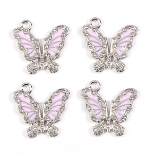 Set of four butterfly pendants with pink enamel and sparkling crystals in silver finish
