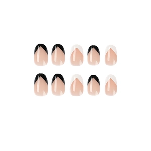 Minimalist French V-tip press-on nails set in black and white with nude pink base