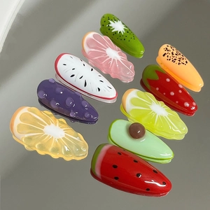 Handmade 3D fruit party press-on nails featuring cute lemon and strawberry resin charms