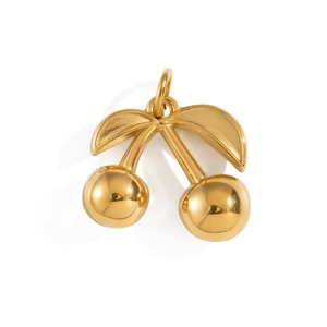 Macro detail of a 18K gold-plated stainless steel cherry fruit pendant on white backdrop