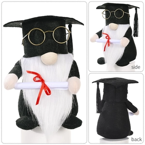 Graduation gnome plush toy with black cap, glasses and diploma, front, side and back view