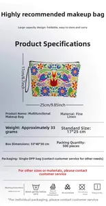 Detail showing 25x17cm dimensions of a floral linen makeup bag with bird pattern print