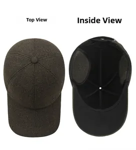 Detail view of winter baseball cap with foldable ear flaps and textured wool fabric