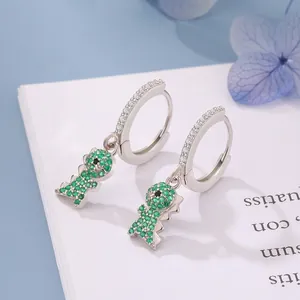 Cute S925 silver dinosaur earrings with green pavé crystals and white diamond hoops
