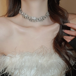 Close-up of a silver twisted choker necklace with full crystal inlay on a model neck