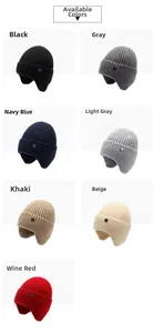 Winter knitted beanie with ear flaps shown in seven colors including navy and grey