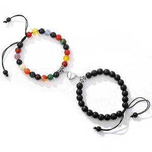 Couples heart magnet bracelets with matte black and colorful natural stone beads