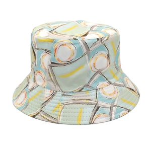 Detail of blue and yellow abstract print bucket hat with reinforced stitched brim