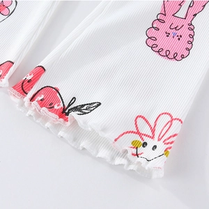 Girls flared leggings in white ribbed fabric with pink bunny and floral print details