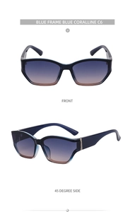 Detailed front and side view of blue fashion sunglasses with blue gradient lenses