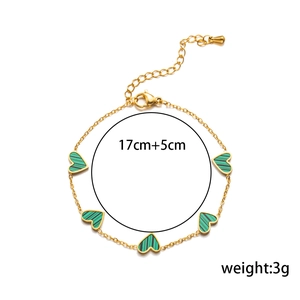 18K gold plated stainless steel bracelet with five green striped heart pendants