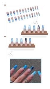 Detailed long coffin press-on nails with blue French gradient patterns and trendy heart art