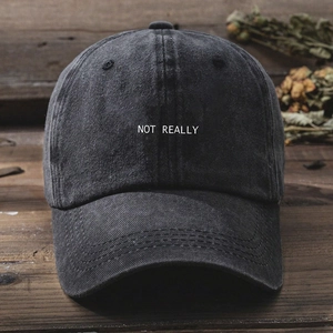 Unisex Y2K vintage washed charcoal grey baseball cap with NOT REALLY white embroidery