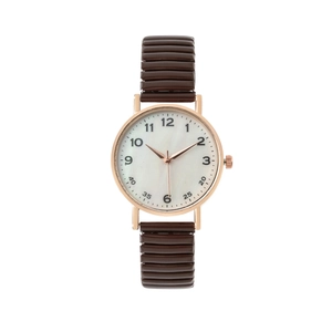 Montre rétro pour femme avec boîtier or rose, cadran nacré et bracelet brun ondulé