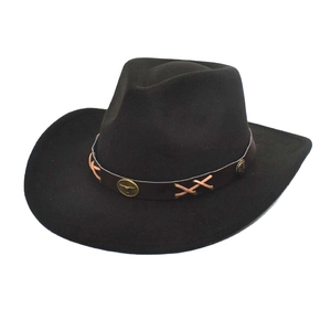 Detail of black felt cowboy hat with brown leather band and metallic emblem studs